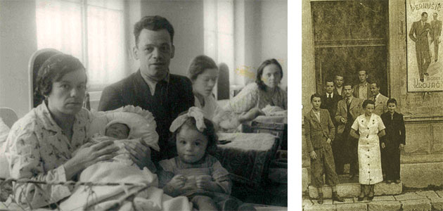 Menahem and Flora Montiljo and their daughter Hana and Hana’s baby brother, Rafo.(left), The Montiljo family owed their lives to Menahem’s boss, Gavro Perkusic, pictured in the center, in the photo on the left(right).