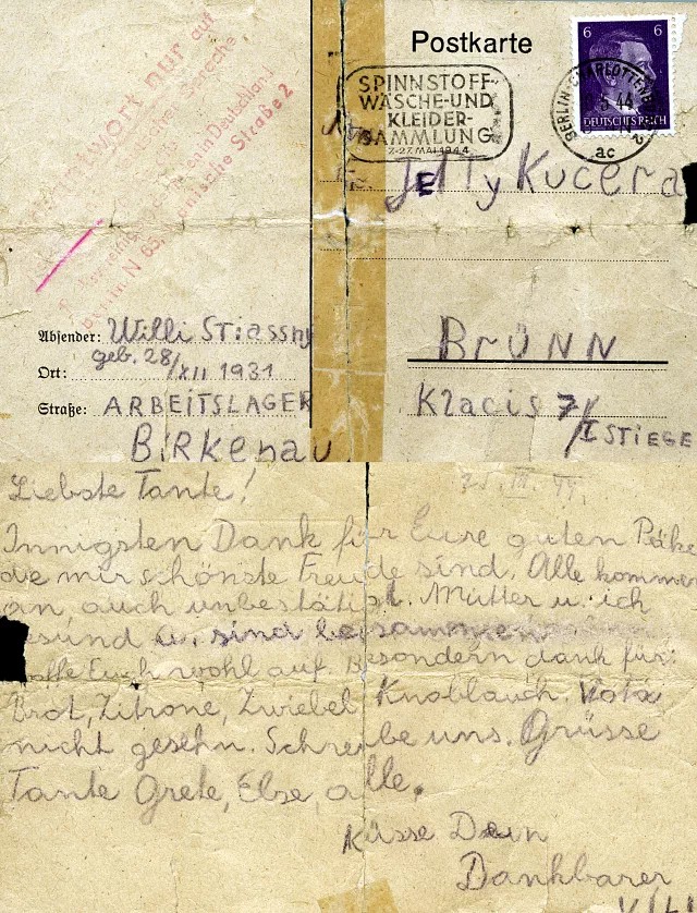 Letzte Postkarte von Willy Stiassny aus Birkenau