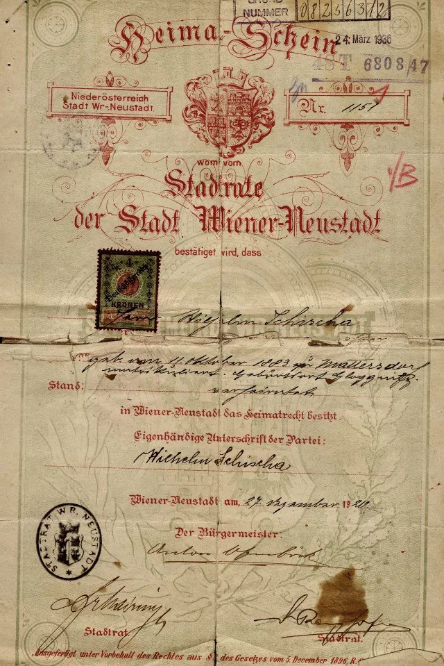 Certificate stating Lilli Tauber's father Wilhelm Schischa's right of domicile in Wiener Neustadt