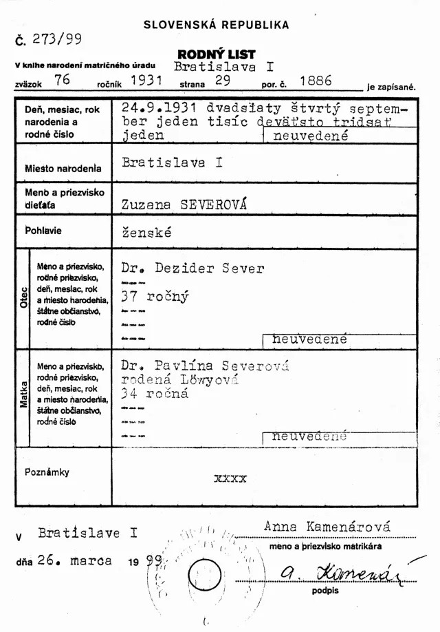 Zuzana Minacova's birth certificate