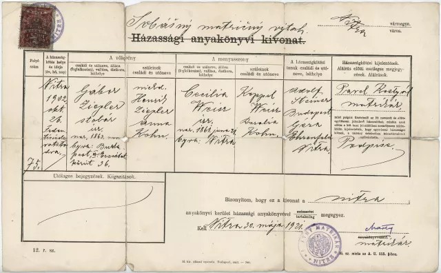 Ziegler Gábor és Weisz Cecilia házassági anyakönyvi kivonata