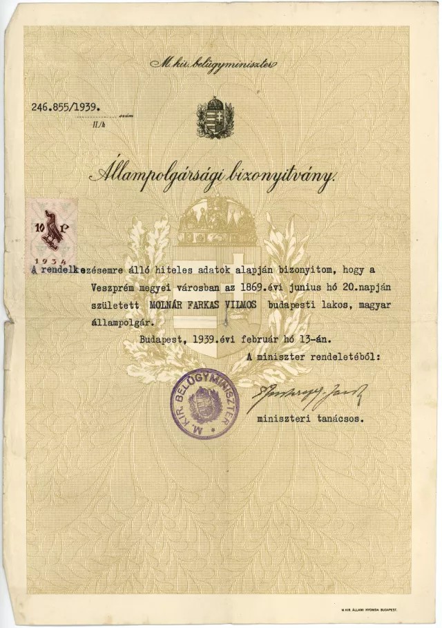 Vilmos Molnar Farkas' citizenship certificate