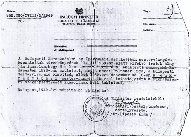 Miklos Molnar's certificate of  mastership