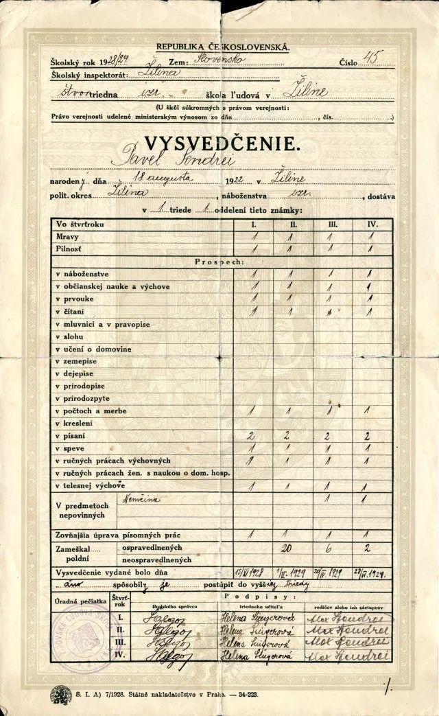 Pavel Sendrei's certificate from the Jewish primary school