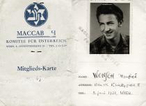 Mitgliedskarte von Manfred Wonsch für die Maccabiade 1954 in Israel