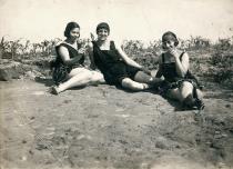 Vera Erak's mother Edith Bondy with sister Greta and a friend, sunbathing at Lido Beach on the Danube