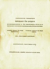 Wedding invitation of Gabor Paneth's father Lajos Paneth to his first wife Margit Erdos