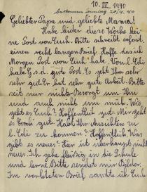 A letter Lilli Tauber wrote from England to her parents, Wilhelm and Johanna Schischa, in Austria in 1940