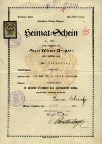 Certificate stating Lilli Tauber's mother, Johanna Schischa's right of domicile in Wiener Neustadt