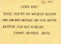 Postcard sent by Karel Rutar's grandparents to Theresienstadt (first side)