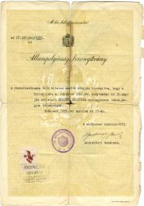 Magdolna Palmai's certificate of citizenship from 1939