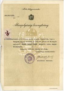 Vilmos Molnar Farkas' citizenship certificate