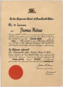 Certificate of Thomas Molnar's admission as an Attorney-Solicitor and Proctor in the Supreme Court of Justice of New South Wales.