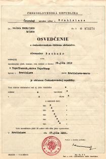 Alexander Bachnar's proof of Czechoslovak state citizenship
